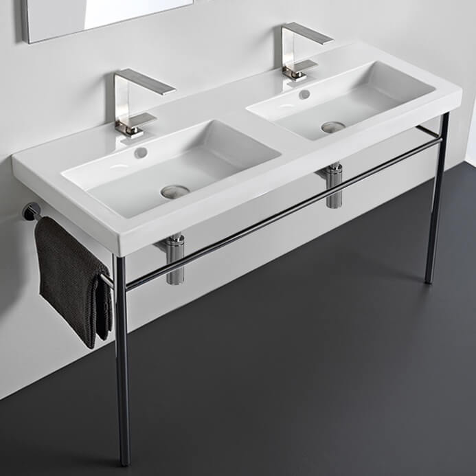 Console Bathroom Sink, Tecla CAN04011-CON, Double Basin Ceramic Console Sink and Polished Chrome Stand