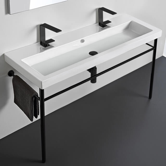 Bathroom Sink, Tecla CAN05011B-CON-BLK, Double Ceramic Console Sink and Matte Black Stand