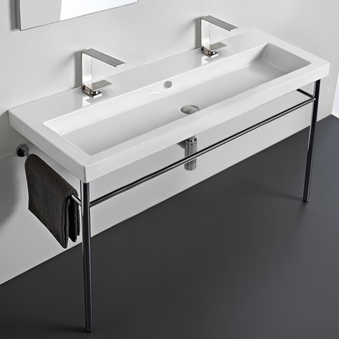 Console Bathroom Sink, Tecla CAN05011B-CON, Large Double Ceramic Console Sink and Polished Chrome Stand